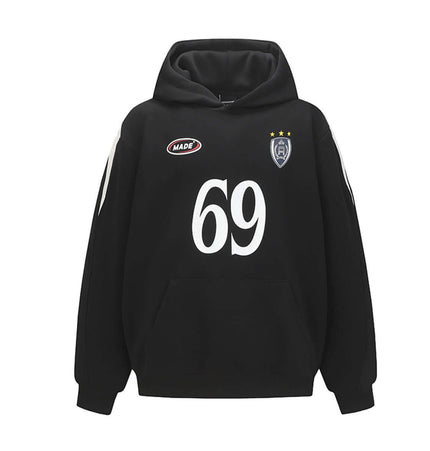 Oversized Hooded Sweatshirt – Loose Fit in black with large 69 logo and front pocket.