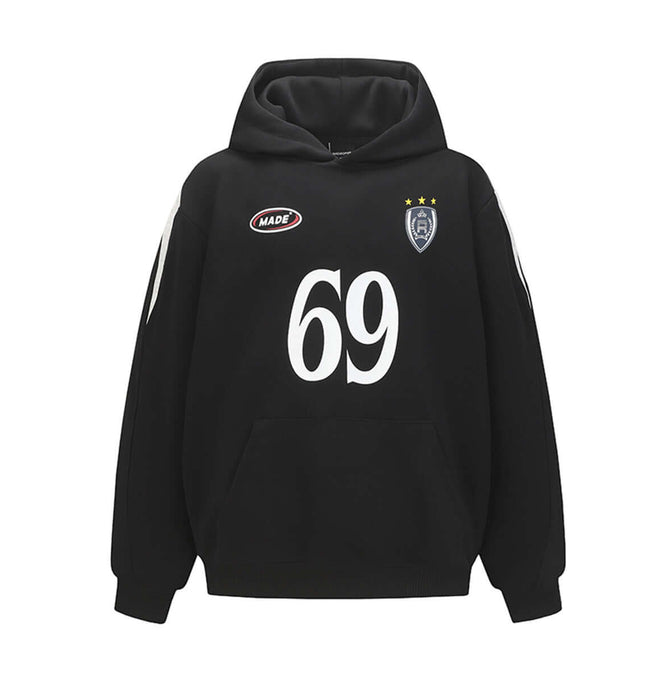 Oversized Hooded Sweatshirt – Loose Fit in black with large 69 logo and front pocket.