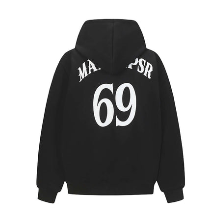 Oversized Hooded Sweatshirt – Loose Fit black pullover with white lettering and number 69 on the back.
