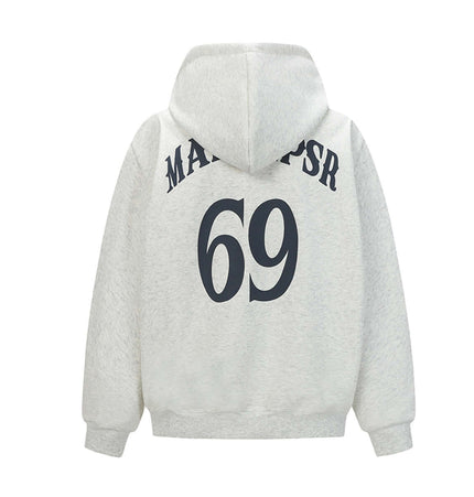 Oversized Hooded Sweatshirt – Loose Fit featuring a classic letter pattern on the back in white flower gray.