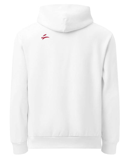 White mill-dyed hoodie, studio back view, two-panel hood without drawcords
