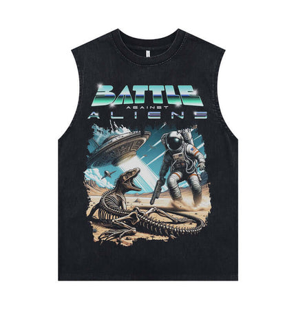 Oversized Printed Sleeveless Tank Top featuring a bold 'Battle Against Aliens' cartoon graphic.