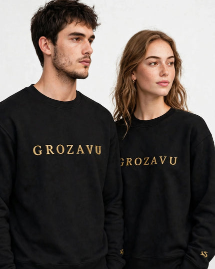 Black logo crewneck in 350 g/m² organic cotton, paired studio shot