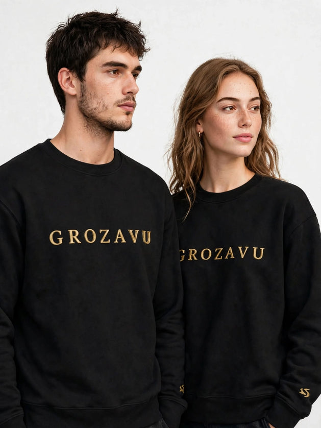 Black logo crewneck in 350 g/m² organic cotton, paired studio shot