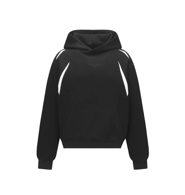 Patchwork Embroidered Hoodie – Loose Fit in black, featuring a hood and relaxed fit for urban streetwear style.