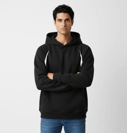 Patchwork Embroidered Hoodie – Loose Fit worn by a man, showcasing urban streetwear style, perfect for autumn.