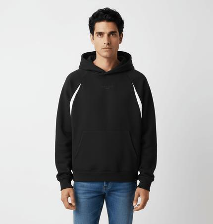 Patchwork Embroidered Hoodie – Loose Fit model wearing a black hooded sweatshirt with stylish design