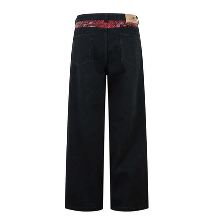 Back view of the Patchwork Straight Jeans – Loose Fit showcasing bold snake pattern and color block splicing.