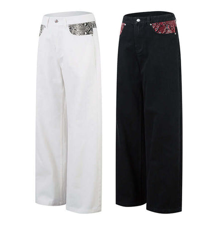 Patchwork Straight Jeans – Loose Fit in black and white with snake pattern spliced design, offering bold streetwear style.