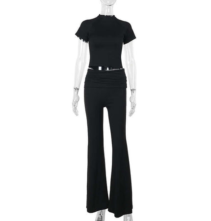 Pleated Short Sleeve Pants Set – Loose Fit in black, featuring a short sleeve top with pleated details and matching pants.