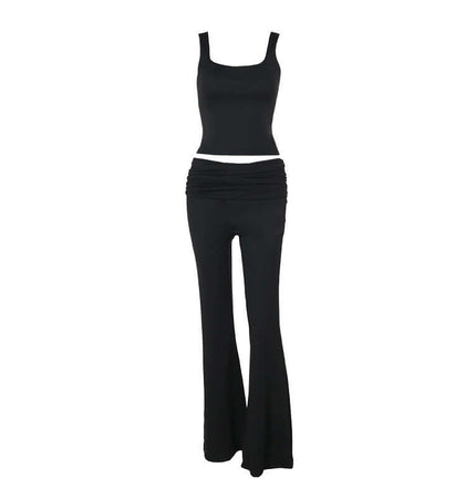Pleated Vest Two-Piece Set – Loose Fit featuring a sleek black sleeveless vest and pleated pants.