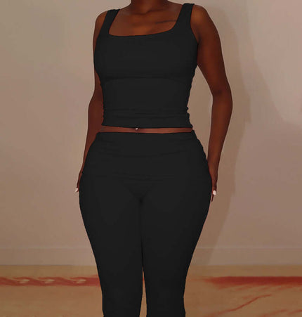 Pleated Vest Two-Piece Set – Loose Fit in black, featuring a sleeveless vest top and matching pants.