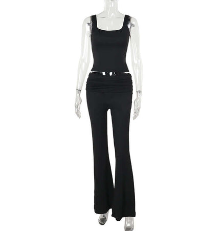 Pleated Vest Two-Piece Set – Loose Fit showcasing a black sleeveless vest top and matching pleated long pants.