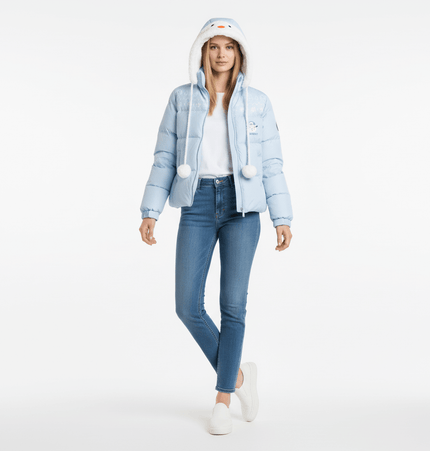 Model wearing a Plush Hooded Cotton Coat in light blue with a snowman design, paired with jeans and casual shoes.