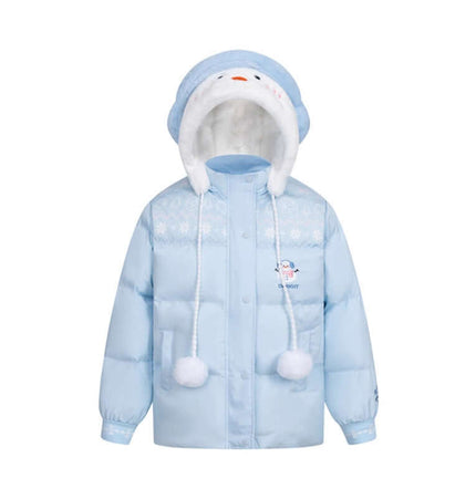 Plush Hooded Cotton Coat in blue with snowman design and fluffy hood for winter fashion.