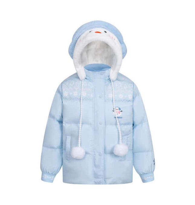 Plush Hooded Cotton Coat in blue with snowman design and fluffy hood for winter fashion.