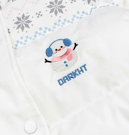 Plush Hooded Cotton Coat featuring a cute snowman embroidery design on a white fabric with snowflakes.