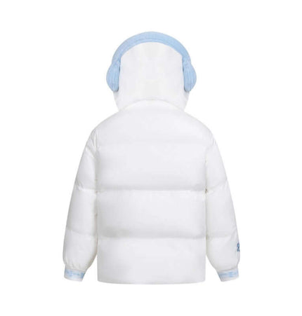Back view of Plush Hooded Cotton Coat showcasing its plush texture and adorable blue earmuffs.