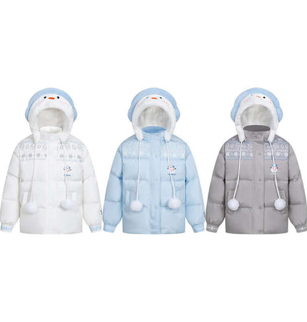 Plush Hooded Cotton Coat in three colors: white, blue, and gray with cute cartoon patterns and plush hood.
