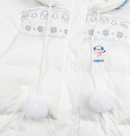 Plush Hooded Cotton Coat with cartoon pattern and fluffy pom-poms, perfect for stylish winter warmth.