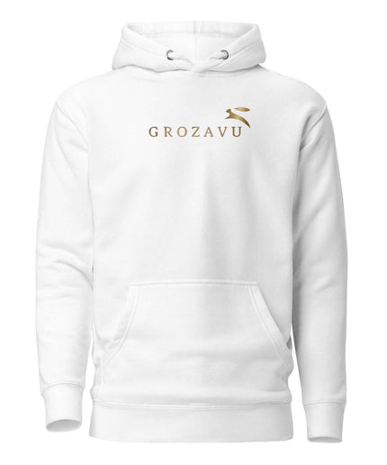 Front view of the Maison Grozavu Stark Chalk Hoodie in collection — showing the robust construction.