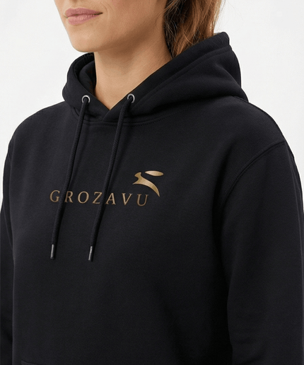 Front view of the Maison Grozavu Stark Chalk Hoodie in collection — showing the tailored hem.