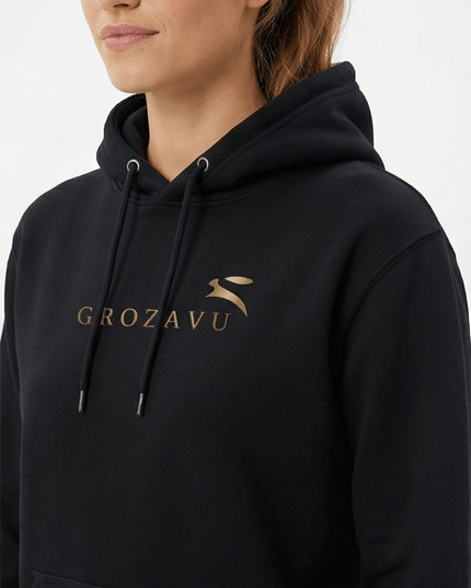 Front view of the Maison Grozavu Stark Chalk Hoodie in collection — showing the tailored hem.