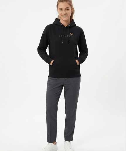 Front view of the Maison Grozavu Stark Chalk Hoodie in collection — showing the robust construction.