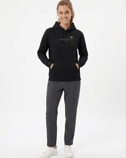 Front view of the Maison Grozavu Stark Chalk Hoodie in collection — showing the robust construction.