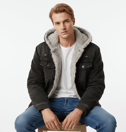Model wearing a Pocket Detail Denim Cotton Jacket with a cozy hood for a modern urban style.