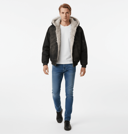 Pocket Detail Denim Cotton Jacket worn by a model, showcasing a stylish urban look with a cozy hood.