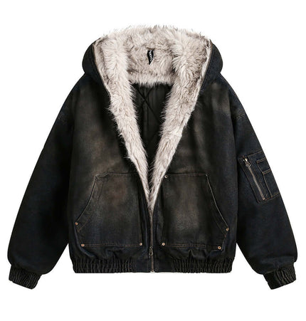 Pocket Detail Denim Cotton Jacket with fur lining and functional pockets, perfect for street-style and casual wear.