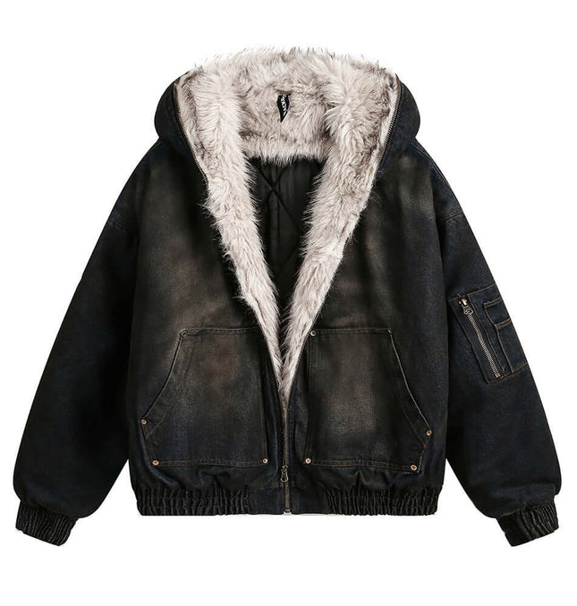 Pocket Detail Denim Cotton Jacket with fur lining and functional pockets, perfect for street-style and casual wear.