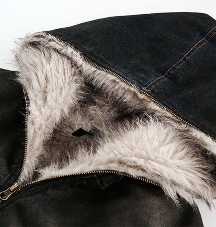 Pocket Detail Denim Cotton Jacket with fur-lined hood showcasing modern urban style and comfort.