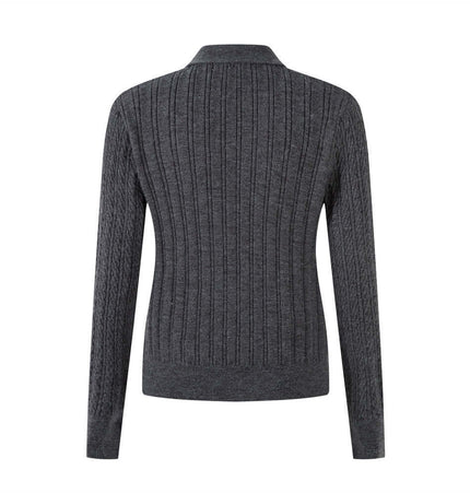 Polo Collar Knit Pullover Sweater – Fitted back view showing ribbed texture and gray color.
