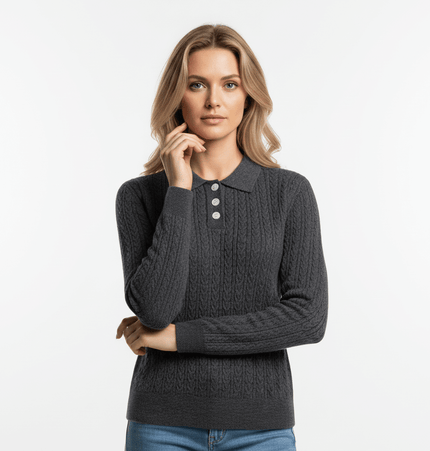Polo Collar Knit Pullover Sweater – Fitted worn by a model in a gray color, showcasing its elegant design and button details.