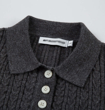 Polo Collar Knit Pullover Sweater – Fitted with classic polo collar and button detail in gray.