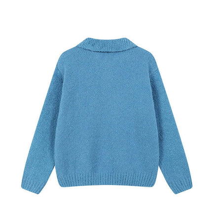 Polo Neck Knit Sweater - Loose Fit in soft blue color, showcasing the back view and classic polo collar design.