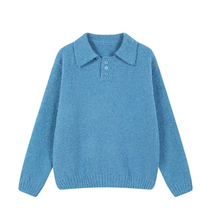 Polo Neck Knit Sweater - Loose Fit in a soft blue color with a classic collar and textured knit design.