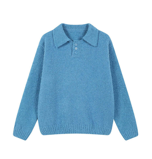 Polo Neck Knit Sweater - Loose Fit in a soft blue color with a classic collar and textured knit design.