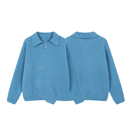 Polo Neck Knit Sweater - Loose Fit in soft blue color, showcasing a polo neckline and relaxed fit.