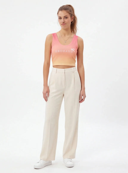 Model wearing boxy crop top by Grozavu