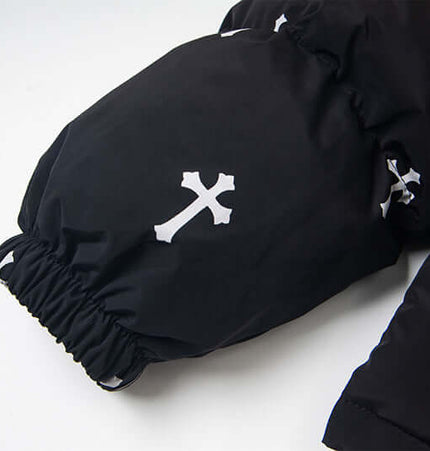 Print Stand Collar Cotton Puffer Jacket featuring bold cross print and elasticized cuffs for women's winter fashion.