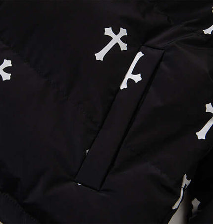 Print Stand Collar Cotton Puffer Jacket featuring bold white cross print on a black background.