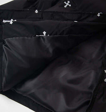 Print Stand Collar Cotton Puffer Jacket interior details showcasing bold print and cotton lining.