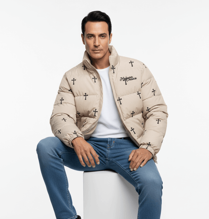 Print Stand Collar Cotton Puffer Jacket worn by a man, showcasing bold print design and modern street style.