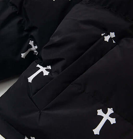 Close-up of the Print Stand Collar Cotton Puffer Jacket with a bold cross print design.