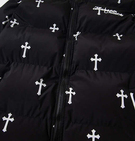 Print Stand Collar Cotton Puffer Jacket featuring a bold cross print design and black puffer style for women.