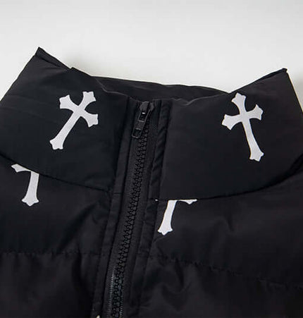 Print Stand Collar Cotton Puffer Jacket featuring a bold cross print design on a black background.