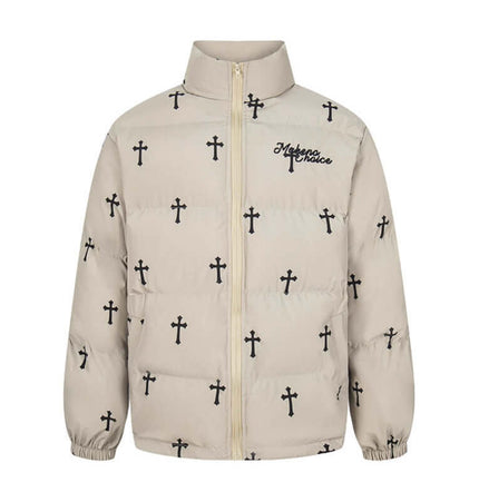 Print Stand Collar Cotton Puffer Jacket featuring a bold cross print and modern street style for women.